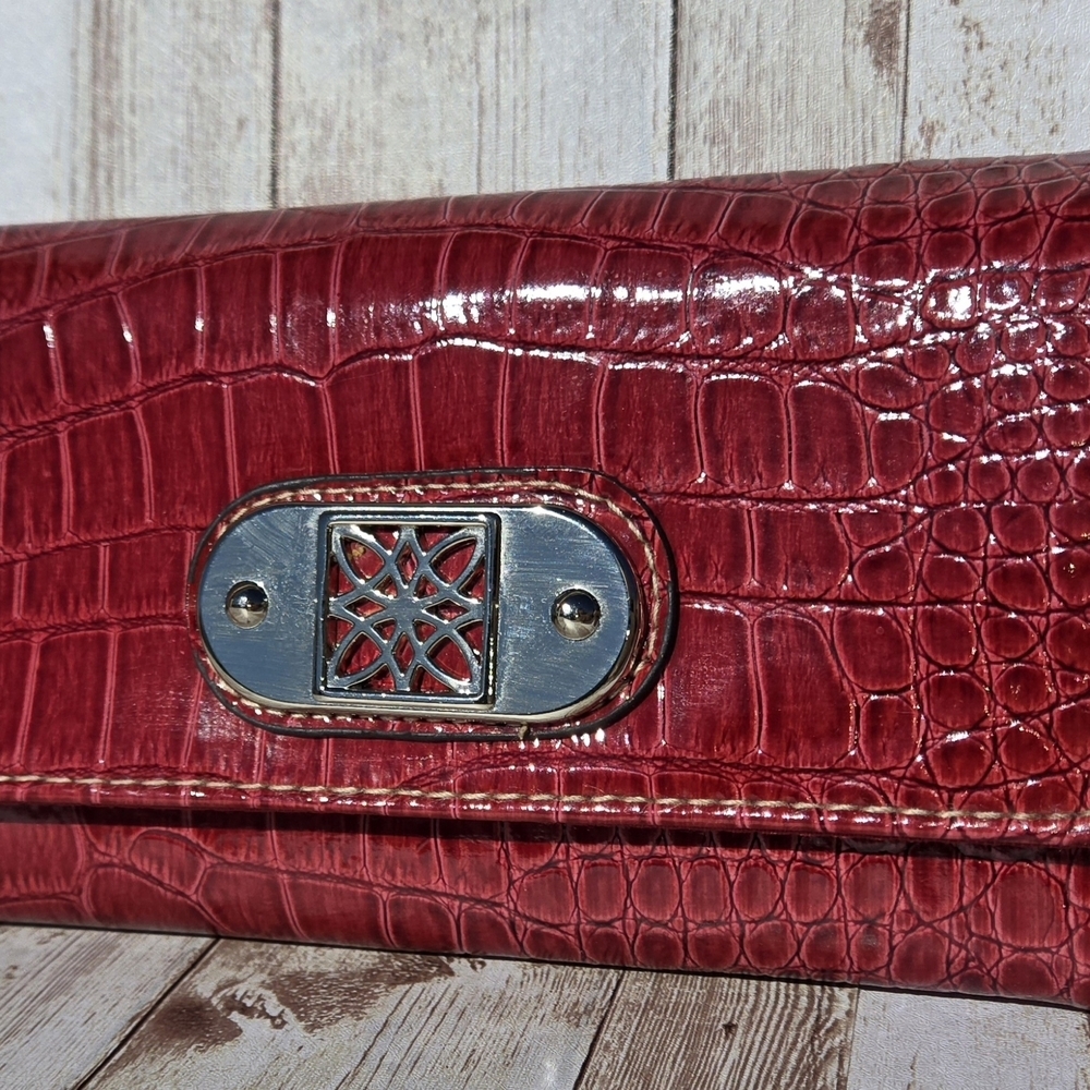 Red Croc Embossed Wallet Checkbook Organizer Snap Closure Zip Pocket